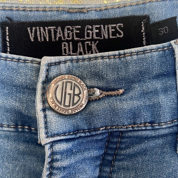 Vintage Genes Black Slim Fit Blue Medium Wash Bermuda Denim Shorts Size W30 - Picture 4 of 16